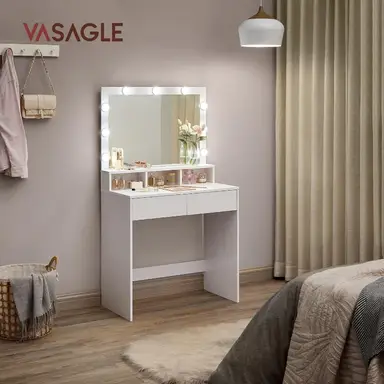 VASAGLE make-uptafel met LED-verlichting en spiegel, instelbare helderheid, 2 lades en 3 open vakken, modieke uitstraling, wit
