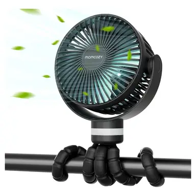 Momcozy Draagbare Wagenventilator, 8000mAh, 27U Accu, Afneembare 4-Snelheden 360° Draaibaar, LED-verlichting, Oplaadbaar via USB, Zwart, Enkele Eenheid