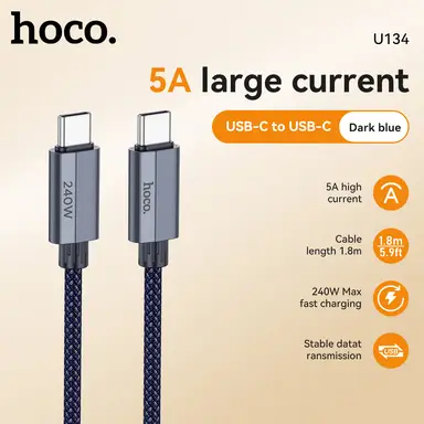 HOCO U134 5A USB-C to USB-C Charging Cable - 1.8M - Dark Blue