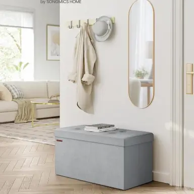 SONGMICS Sitzhocker mit Stauraum, klappbare Sitzbank, 38 x 110 x 38 cm Fußbank, Aufbewahrungsbox, bis 300 kg belastbar, für Wohnzimmer Schlafzimmer Flur, schiefergrau