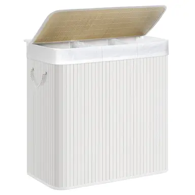 SONGMICS Wasmand Wasbox met Deksel Bamboe met Handgrepen 3 Compartimenten ‎60 x 40 x 61.5cm 150L - LCB091W01 Wit