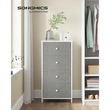 Euziel Commode à 4 tiroirs en tissu gris colombe et blanc crème