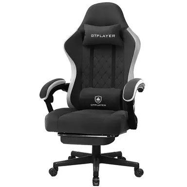 GTPLAYER Chaise Gaming Ergonomique Avec Surface En Tissu Coussin D'Assise à Ressorts Et Repose-Pieds Noir Vérin à gaz de 10 cm pour un réglage facile