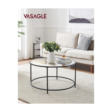 VASAGLE Ronde Salontafel, Glazen Tafel met Metal Frame, Gehard Glas Nachtkastje, Sofatafel, voor Balkon, Zwart
