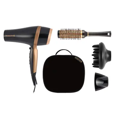 Remington Salon Smooth Hair Dryer Gift Set – 2100W Power, Ionic Conditioning, Concentrator & Diffuser Attachments, Premium Storage Bag, Round Brush – Black, D6960GP