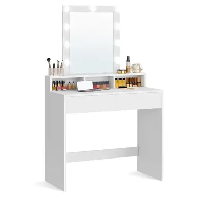 VASAGLE moderne kaptafel met spiegel en verlichting, 2 lades en 3 open compartimenten, wit