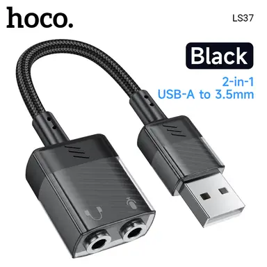 HOCO Transparent 2 in 1 USB to 3.5mm External Earphones Sound Card - Black