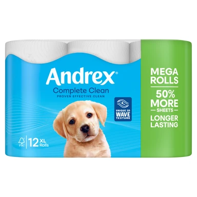 Andrex Complete Clean Toilet Tissues, 2-Ply, 12 XL Rolls