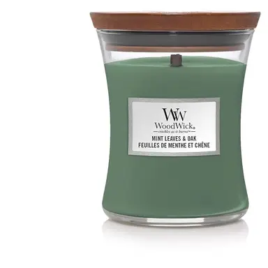 Woodwick – Mittlere Sanduhrkerze „Mint Leaves & Oak“ 275G
