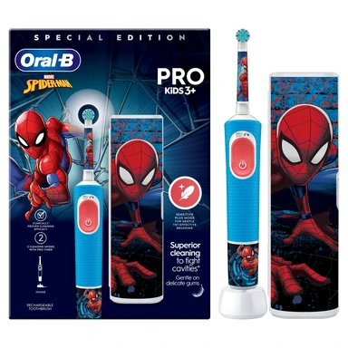 Oral-B Kids Spiderman Vitality Pro Electric Rechargeable Toothbrush and Bonus Travel Case for Age 3+
