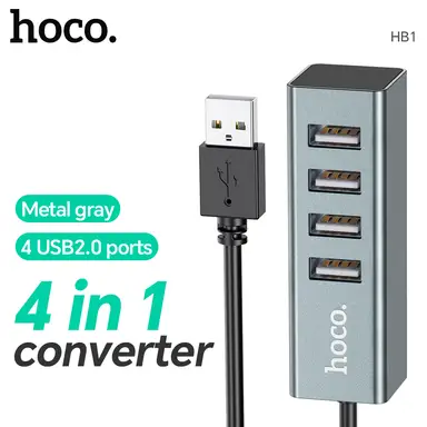 HOCO HB1 USB Hub with 4 USB2.0 Ports - Metal Grey