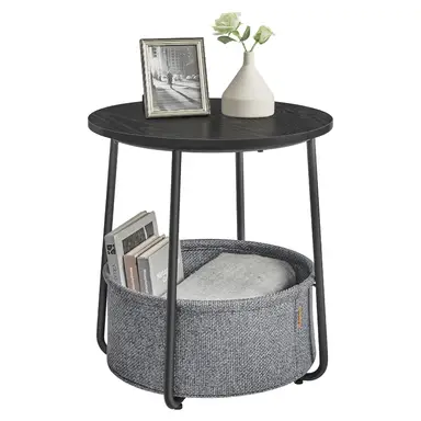 VASAGLE Ronde bijtafel met stoffen opbergmand - modern, ebbenhout zwart/leisteen grijs