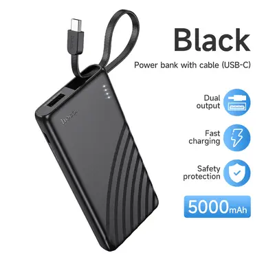 HOCO J129 5000mAh Power Bank – Built-in USB-C Cable - Black