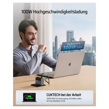 CUKTECH USB C 100W lader, 3 poorten GaN III en PPS PD3.0 snellaadstation voor MacBook Air/Pro AD1003 Kleur: Zwart