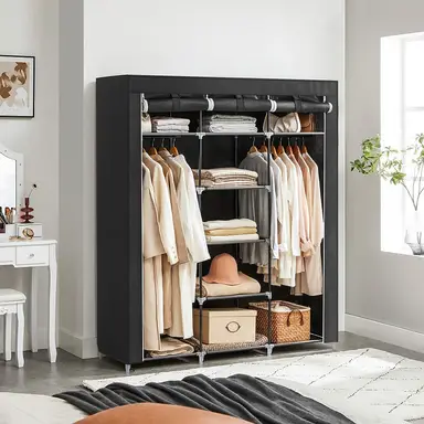 SONGMICS Kleiderschrank - Leinen-Kleiderschrank mit Kleiderstange und Regalen - 175 x 150 x 45 cm - Schwarz