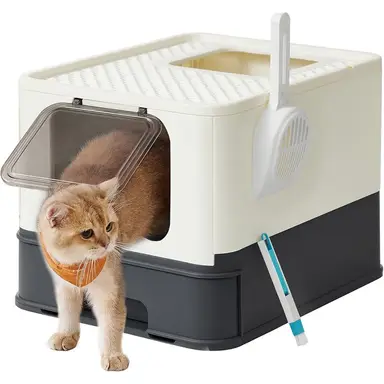 Feandrea kattenbak met deksel, uitbreidbare bak, schep, borstel, ruim voor katten tot 15 kg, minder sporen, lekvrije bodem, beige-zwart PPT001W01