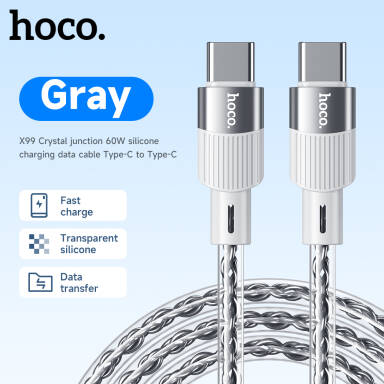HOCO X99 60W Crystal Junction Silicone Charging Cable - USB-C to USB-C - Grey