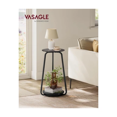 VASAGLE Ronde Bijzettafel Nachtkastje 2-lags Sofatafel met Glazen Blad en Spaanplaat Plank voor Woonkamer Slaapkamer Kleine Kamers Modern Slate Grijs