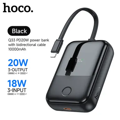 HOCO Q33 PD20W 10000mAh Power Bank - Bidirectional Cable - Black