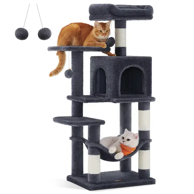 FEANDREA Cat Tree, Multi-Level Plush Cat Condo, 45×35×112cm, Smoky Grey