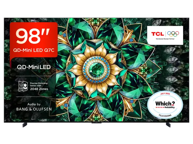 TCL 98Q7C-UK 98” QD-Mini LED TV, 4K UHD, Smart Google TV with 144Hz Motion Clarity Pro, Dolby Atmos​, Audio by Bang & Olufsen, Game Master