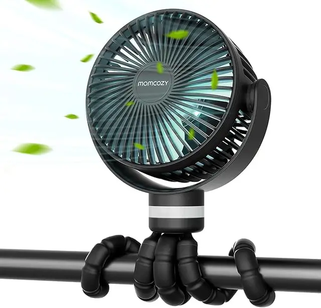 Momcozy Portable Pram Fan, 8000mAh, 27H Battery, Detachable 4-Speed 360° Rotate, LED Light, USB Rechargeable, Black, Single Unit