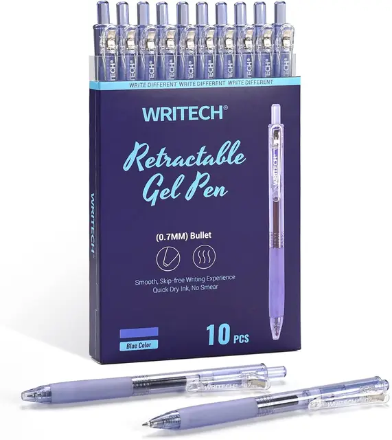 WRITECH Retractable Gel Ink Pens: 0.7mm Medium Point Blue-Ink Color Pen for Journaling Smooth Writing Fine Tip Quick-dry Ink No Bleed Set 10ct