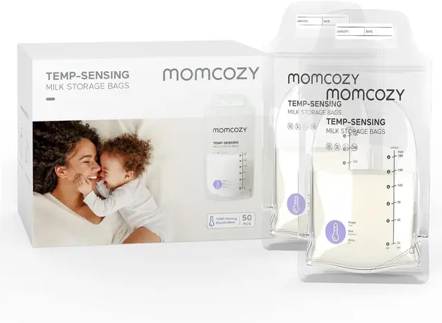 Momcozy Temp-Sensing Discoloration Breastmilk Storage Bags - 50PCS, 6oz Self-Standing, No-Leak Disposable Freezer Pouches for Breastfeeding