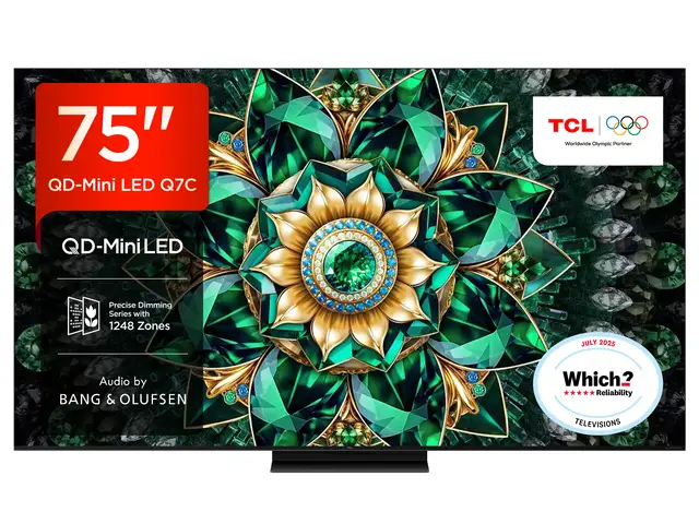 TCL 75Q7C-UK 75” QD-Mini LED TV, 4K UHD, Smart Google TV with 144Hz Motion Clarity Pro, Dolby Atmos​, Audio by Bang & Olufsen, Game Master