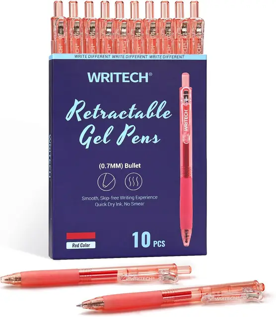 WRITECH Retractable Gel Ink Pens: 0.7mm Medium Point Red-Ink Color Pen for Journaling Smooth Writing Fine Tip Quick-dry Ink No Bleed Set 10ct