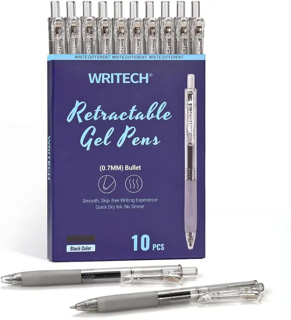 WRITECH Retractable Gel Ink Pens: 0.7mm Medium Point Black Ink Color Pen for Journaling Smooth Writing Fine Tip Quick-dry Ink No Bleed Set 10ct
