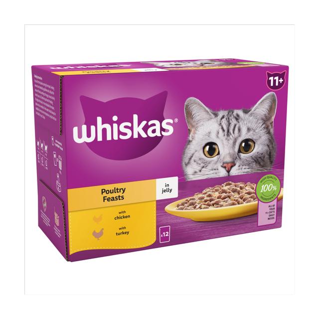 Whiskas 11+ Poultry Feasts Senior Wet Cat Food Pouches in Jelly 12 x 85g
