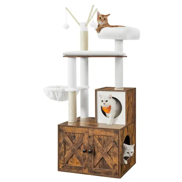 FEANDREA WoodyWonders with Litter Box Enclosure Cat Tree, 58×50×140cm, Rustic Brown