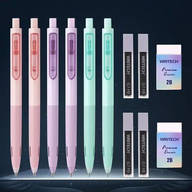 WRITECH Up Mechanical Pencil Set: 6ct Pastel Mechanical Pencils 0.7mm with 4 Tubes of HB Lead Refills and 2 Extra Erasers for Writing Drawing Sketching Drafting