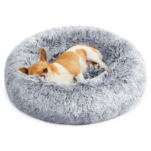 FEANDREA Fluffy Dog Bed, Cat Bed, Doughnut Cushion, 50x50x20cm, Grey