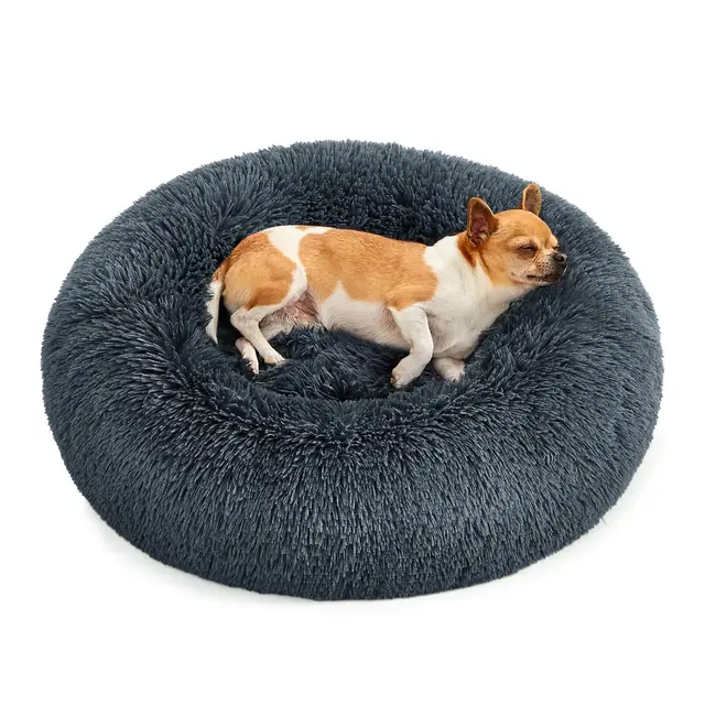 FEANDREA Fluffy Dog Bed, Cat Bed, Doughnut Cushion, 60x60x20cm, Dark Grey