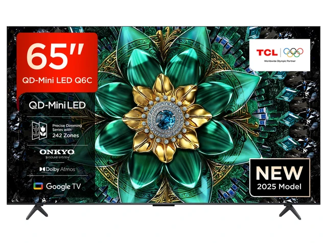 TCL 65Q6C QLED Mini LED Fernseher, 65 Zoll, 4K HDR Premium, Dolby Vision IQ & Atmos, Onkyo 2.1 Sound, Smart TV mit Google TV, Game master, 144Hz Motion Clarity Pro, AMD FreeSync Premium Pro, HDMI 2.1, AirPlay 2, Google Assistant & Alexa