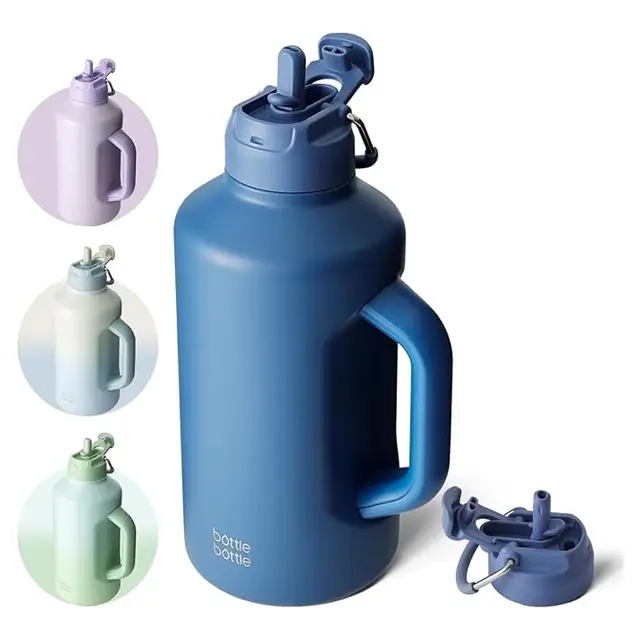 Bottle Bottle Isolierflasche mit Strohhalm und zweiseitigem Deckel, Edelstahl, blau, 64 oz (1,8 l), Jahresstart-Action, Top-Geschenkideen