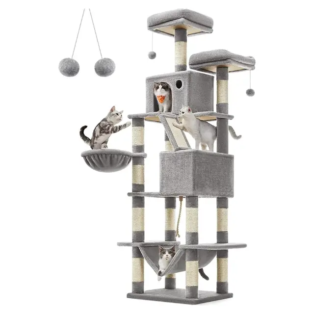 Feandrea Kattenboom 206 cm Grote Toren, 13 Krabpalen, 2 Kattenboxen, 2 Slaaphuisjes, Mandhamer, Pomponnen, Lichtgrijs