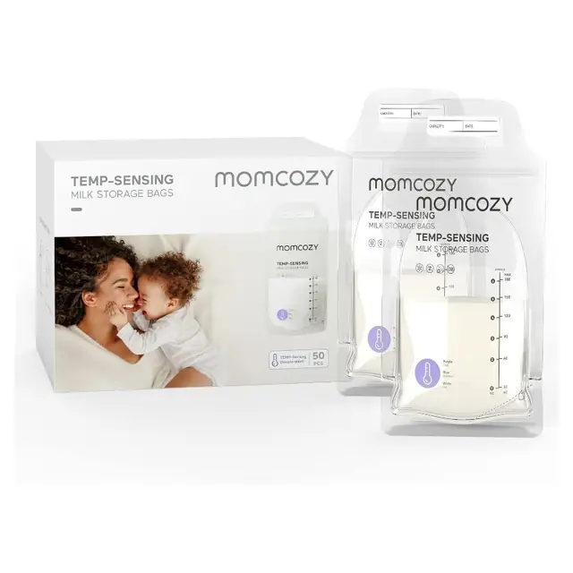 Momcozy Muttermilch-Aufbewahrungsbeutel mit temperaturabhängigem Farbwechsel – 50 Stück, 6 oz, selbststehend, auslaufsichere Einweg-Gefrierbeutel für stillende Mütter