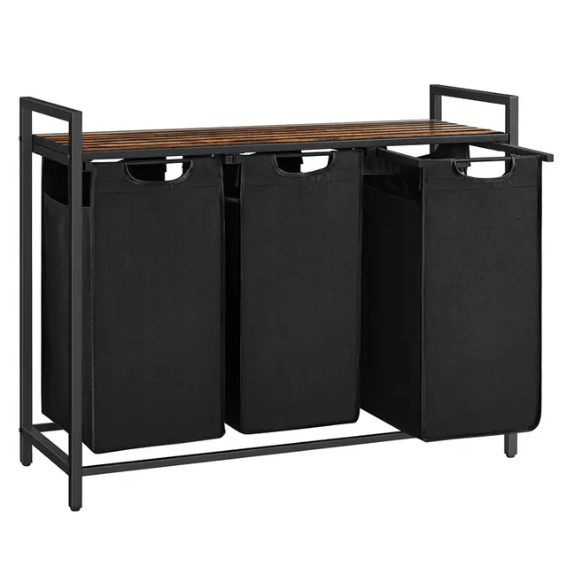 VASAGLE Wasmand - 3-compartiment opbergmand - met metalen frame - 92,5 x 33 x 72 cm, 3 x 38 L - Nieuwjaarsverkoop - top cadeaukeuzes