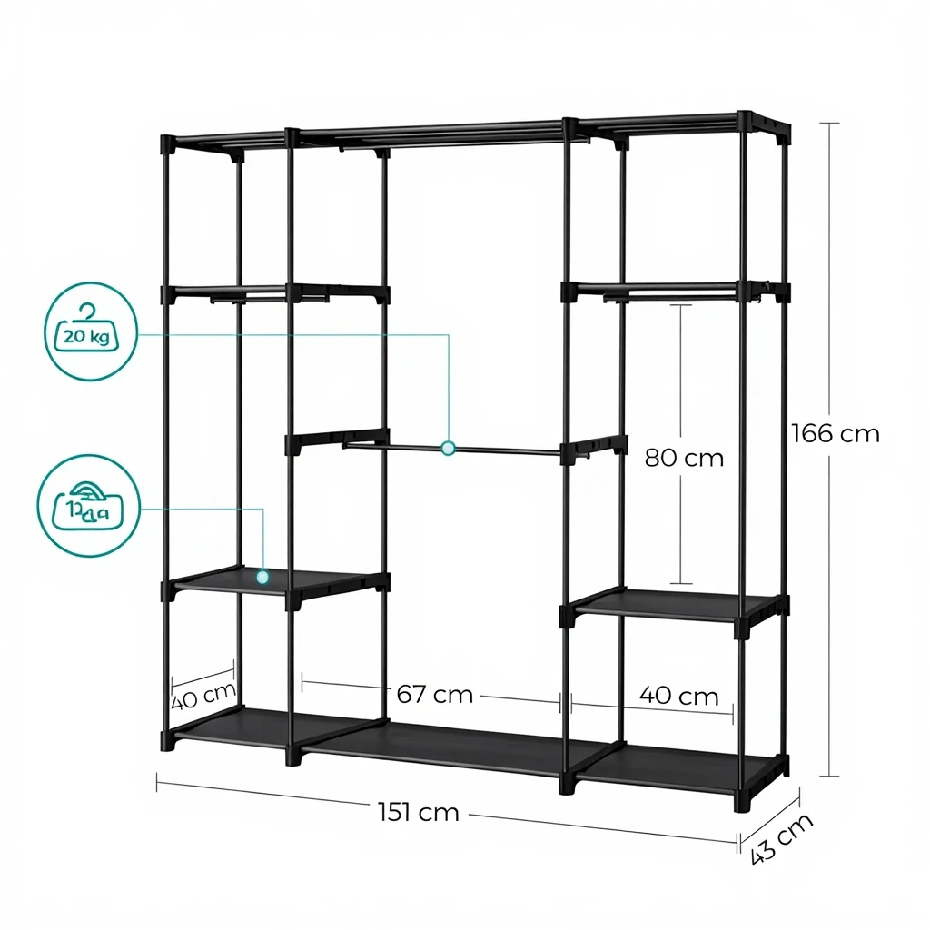 SONGMICS Kleiderschrank offen, Kleiderständer, Kleiderstange, Garderobe, 2 Hängefächer, viel Platz, für Schlafzimmer, Wohnzimmer, 124 x 43 x 182 cm, Taupe RYG026R02