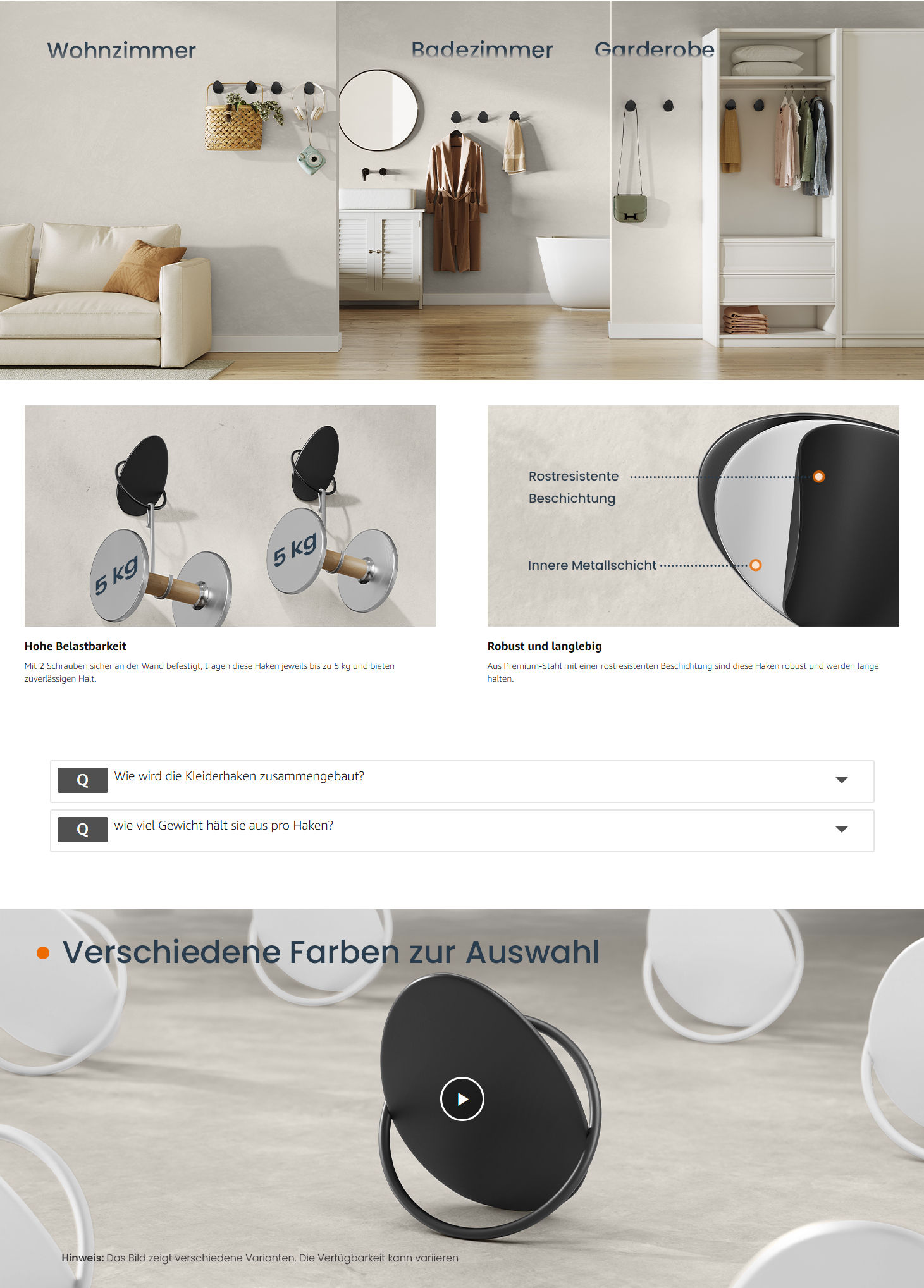 JOYFURNOS Garderobenknöpfe 4er-Set Garderobenknöpfe Wand Stahl Mäntel Handtücher Pro Haken bis zu 5 kg Belastbarkeit Ei-Form Design Wohnzimmer Schlafzimmer Eingangsbereich Tintenschwarz | Heimaufbewahrung