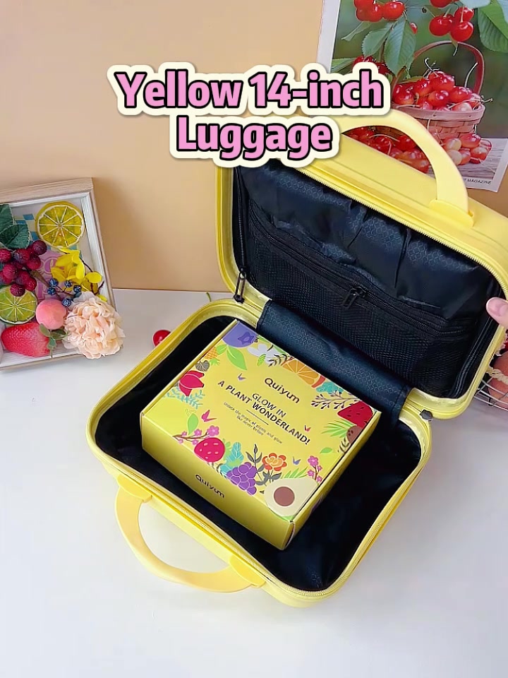QUIYUM Fruit Skincare Set (14pcs): Includes Cleanser 100g, Toner 160ml, Eye Cream 20g, Serum 30ml, Cream 50g, Eye Masks 6g×3, Lip Masks 6g×3, plus a Headband, Makeup Mirror, and a 14-inch Cartoon Yellow Travel Case. image 0