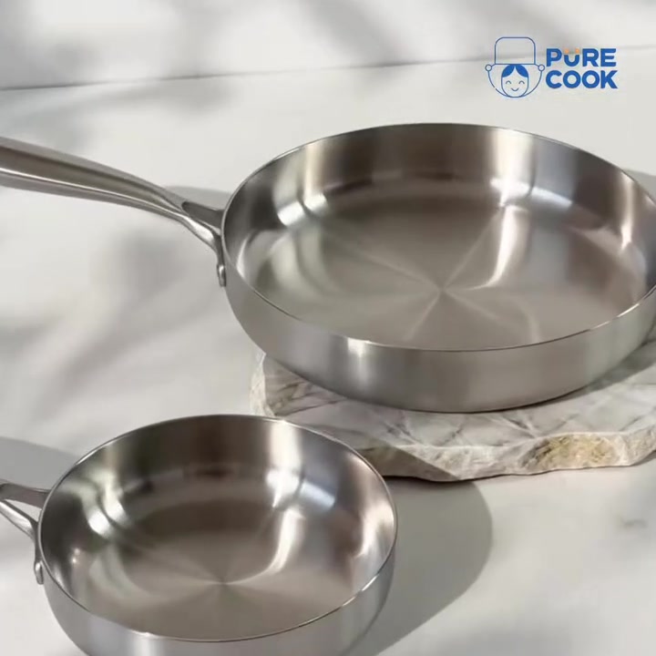 PURE COOK Poêle en acier inoxydable tri-ply | 304 | 20 cm (7,9 pouces) | Non toxique, durable, compatible four 220 ℉, tous feux compatibles, chauffe rapide et uniforme | Finition satinée | Sans couvercle, petite poêle à frire | Argent image 0
