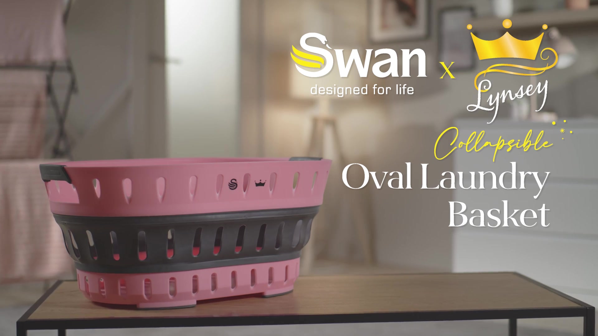 Swan x Lynsey Oval Collapsible Laundry Basket With Soft Grip Handles, 60Litre, Pink And Grey image 0