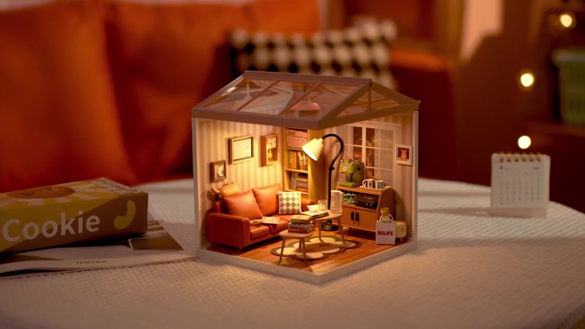 Robotime Rolife Cozy Living Lounge DIY Miniature House Kit 16.3x16.3x15.2cm 1PC,Home decoration, bookshelf decoration,Craft Gifts for Adults and Teens,Educational toys image 0
