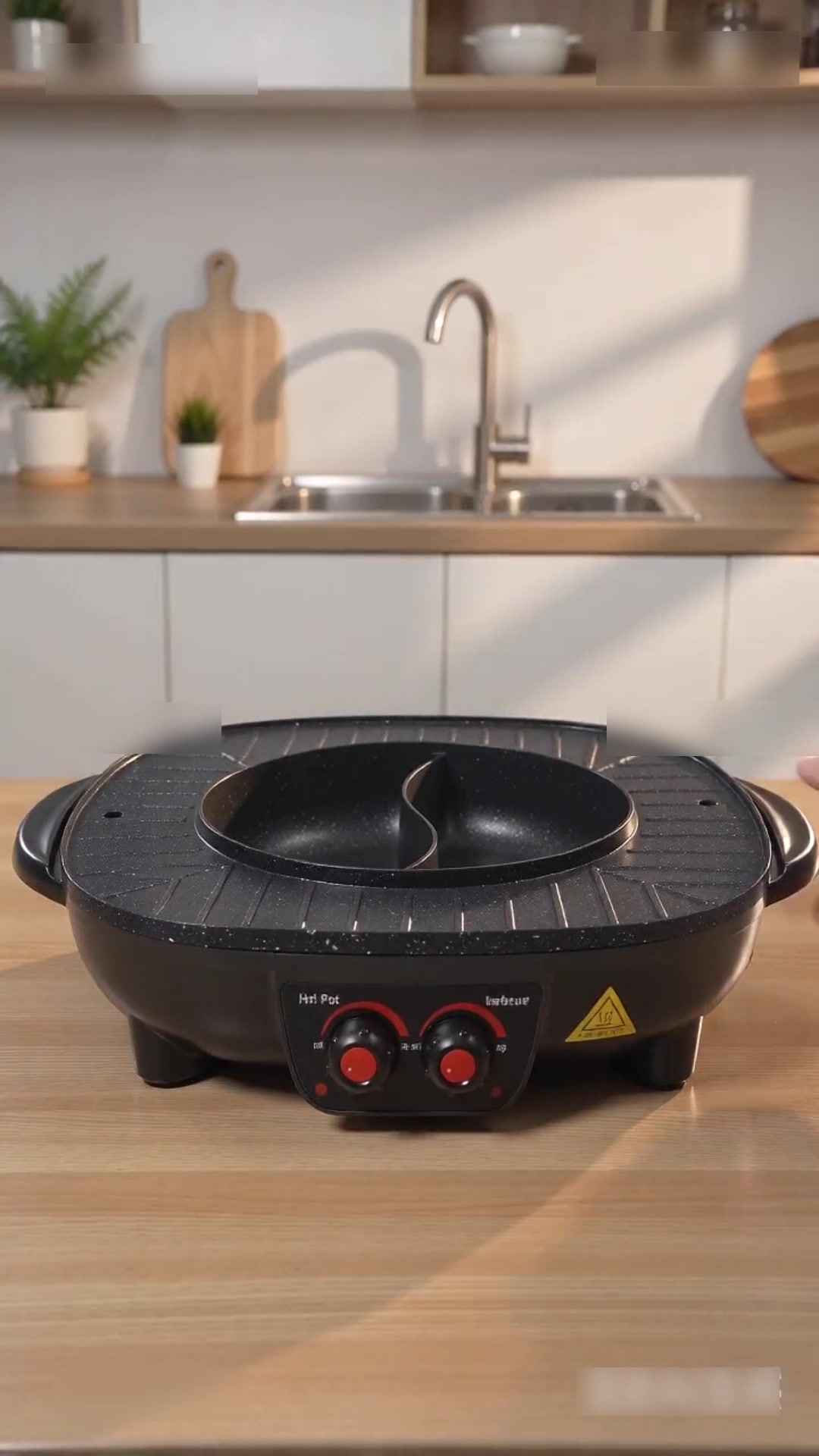 2-in-1 Elektrischer Griller Heisser Topf, 2000W, geteilter Yin-Yang-Hotpot, zwei unabhängige Drehregler, Antihaft-Beschichtung, herausnehmbare Ölwanne für 5-6 Personen image 0