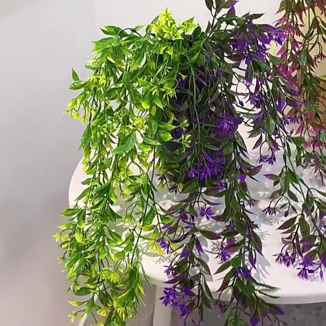 2Pcs 31.49in/80cmArtificial flower wall hanging simulation plant rattan wall hanging indoor wall decoration chlorophytum comosum false flower golden bell willow ceiling decoration(purple) image 0