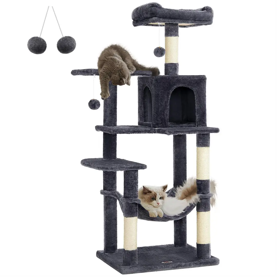 FEANDREA Multi-Level Plush Cat Condo, 55x45x143cm, Smoky Grey